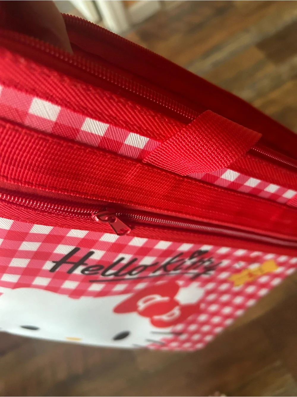Hello Kitty Red and White Gingham Tote with Script Logo